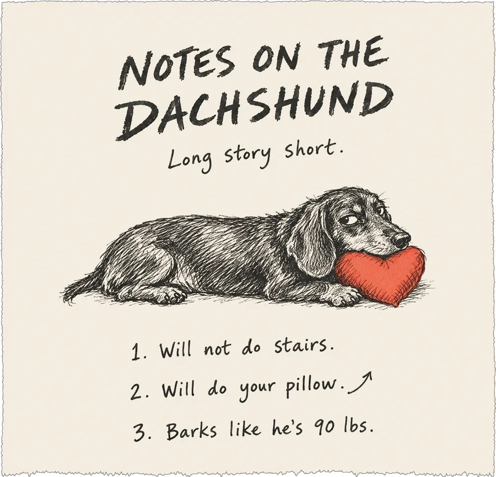 Notes on the Dachshund: Long story short. Will not do stairs. Will do your pillow. Barks like he's 90 lbs.