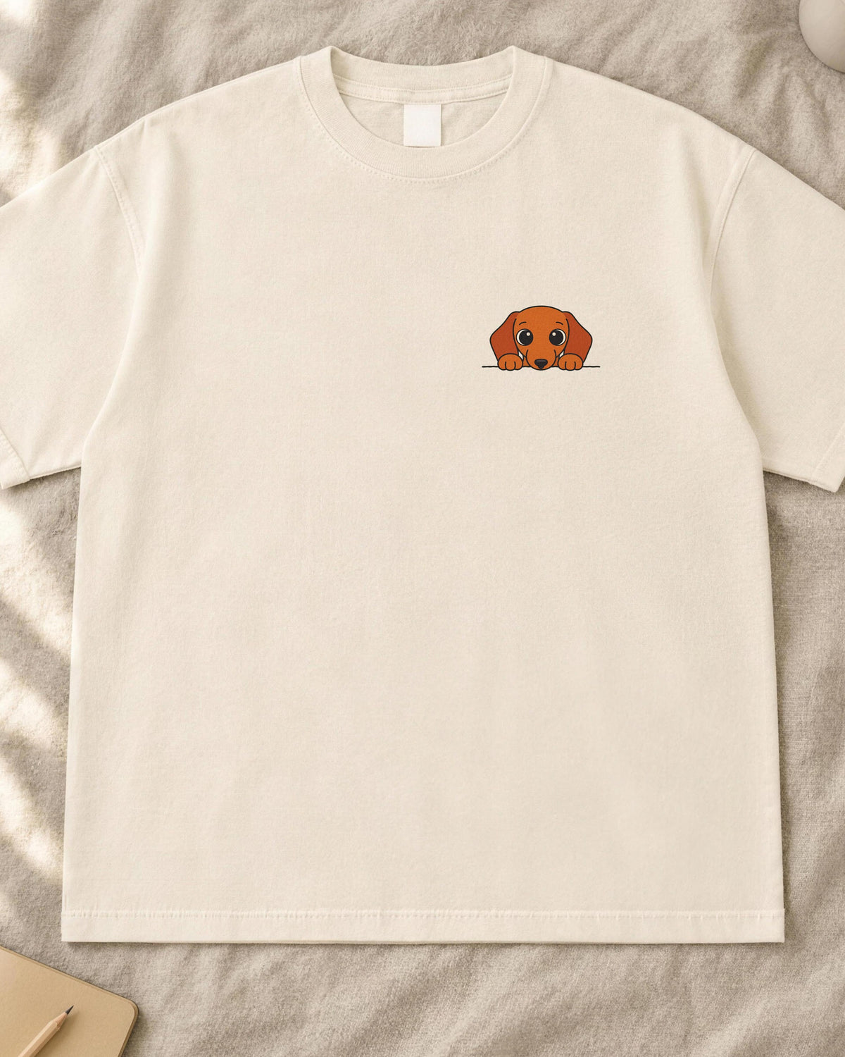 Peeking dachshund shirt, small red doxie pocket print on an ivory Comfort Colors tee