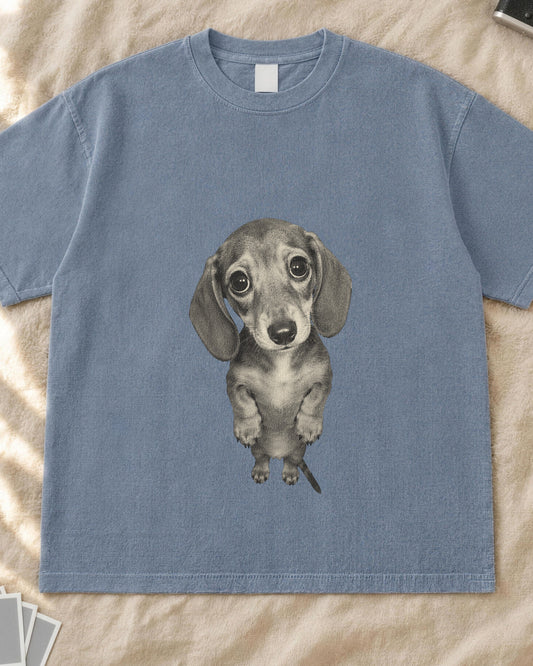 Sad dachshund meme shirt, grainy vintage photo of a dachshund puppy standing and looking up with sad eyes on a blue jean Comfort Colors tee