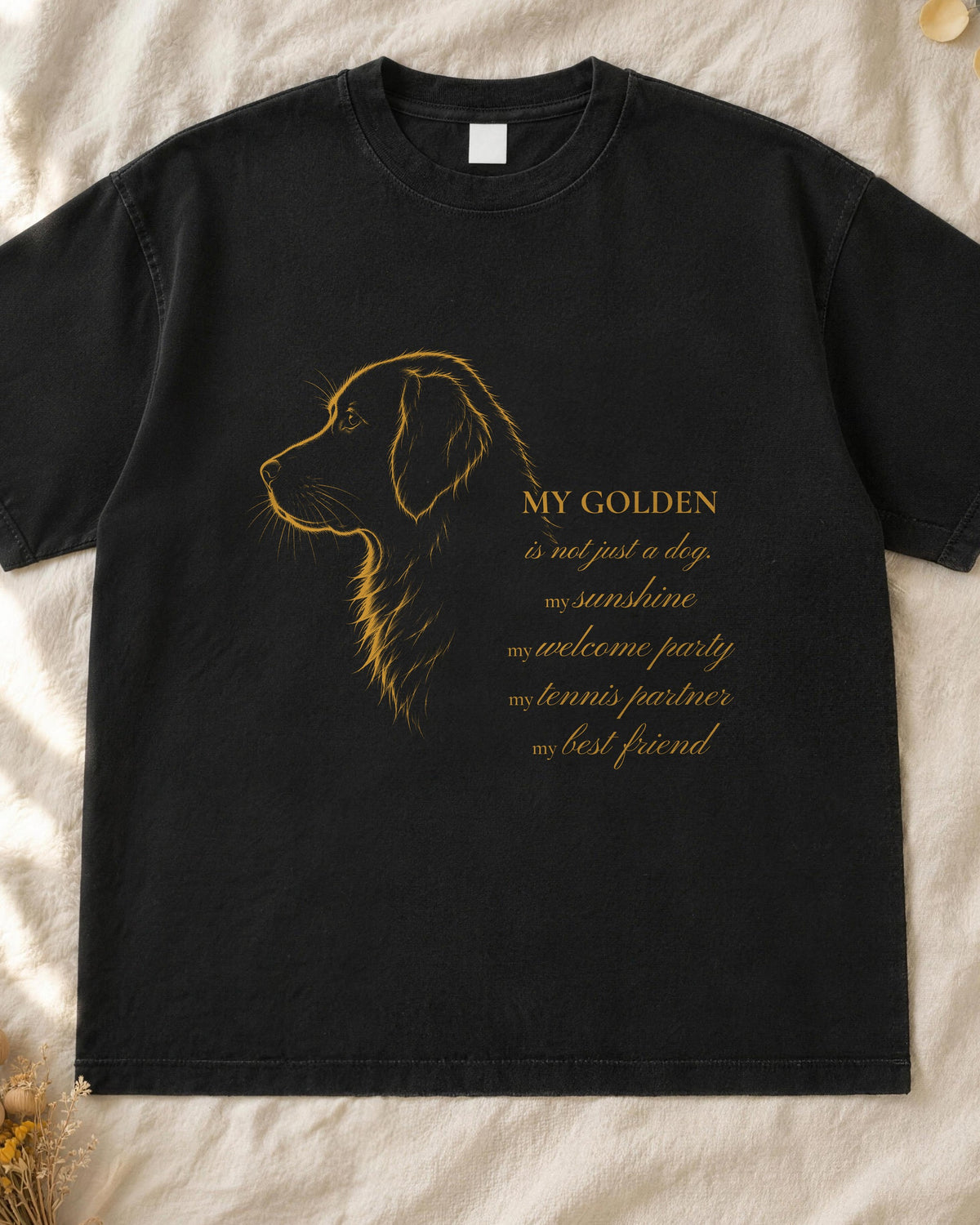 Golden Retriever portrait shirt, mustard line-art golden retriever profile with handwritten script on a black Comfort Colors tee