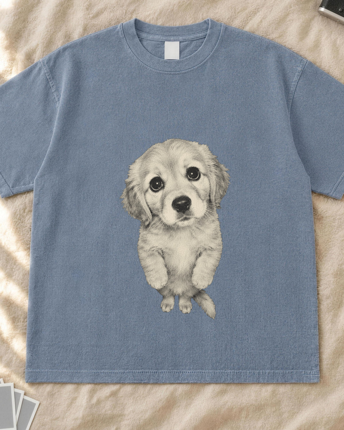 Sad golden retriever meme shirt, grainy vintage photo of a golden puppy standing and looking up with sad eyes on a blue jean Comfort Colors tee