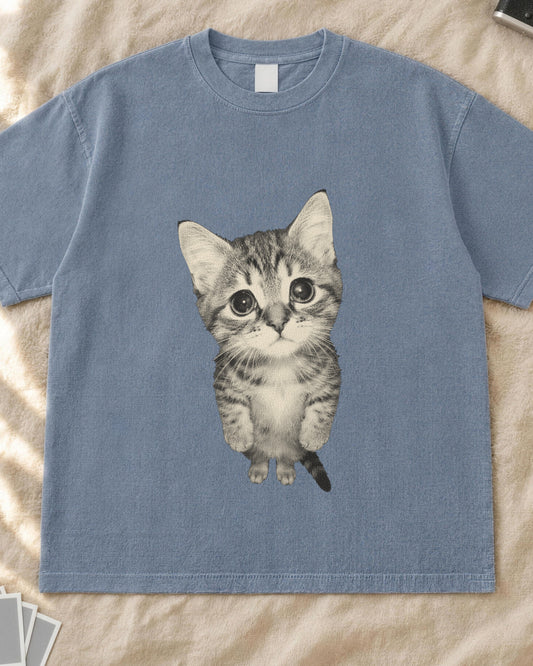 Sad kitten meme shirt, grainy vintage photo of a tabby kitten standing and looking up with sad eyes on a blue jean Comfort Colors tee