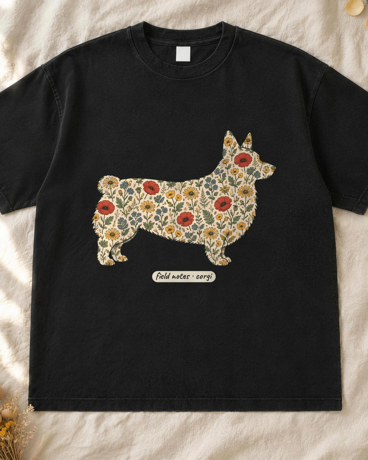 Floral Corgi Shirt, Wildflower Corgi Silhouette Comfort Colors Tee