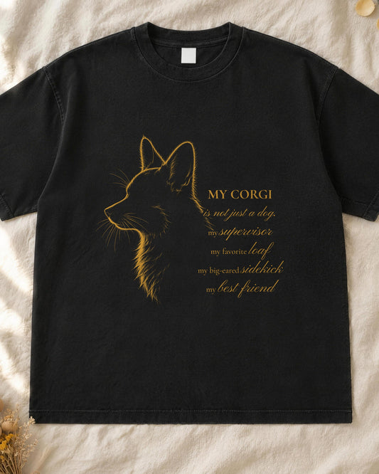 Corgi portrait shirt, mustard line-art corgi profile with handwritten script on a black Comfort Colors tee