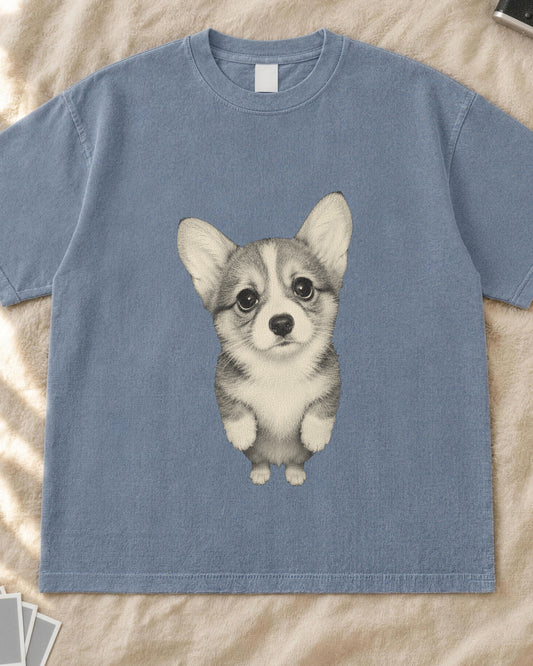 Sad corgi meme shirt, grainy vintage photo of a corgi puppy standing and looking up with sad eyes on a blue jean Comfort Colors tee