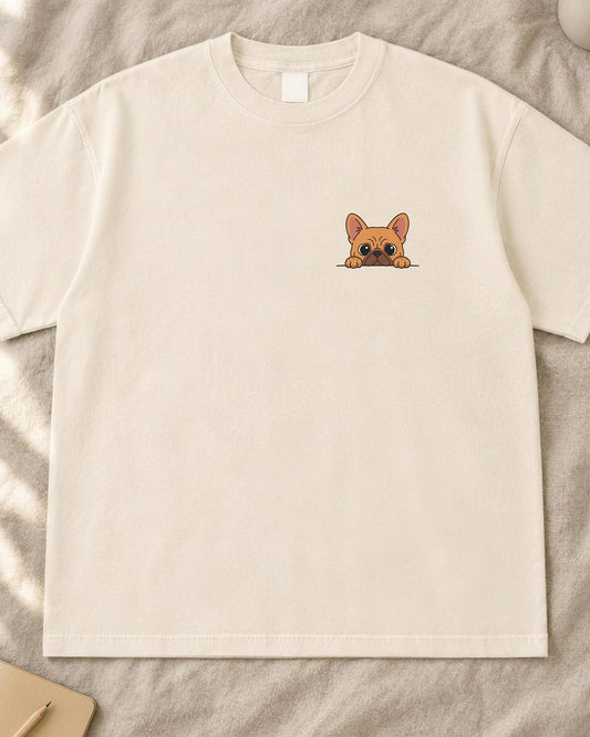 Peeking French bulldog shirt, small fawn Frenchie pocket print on an ivory Comfort Colors tee
