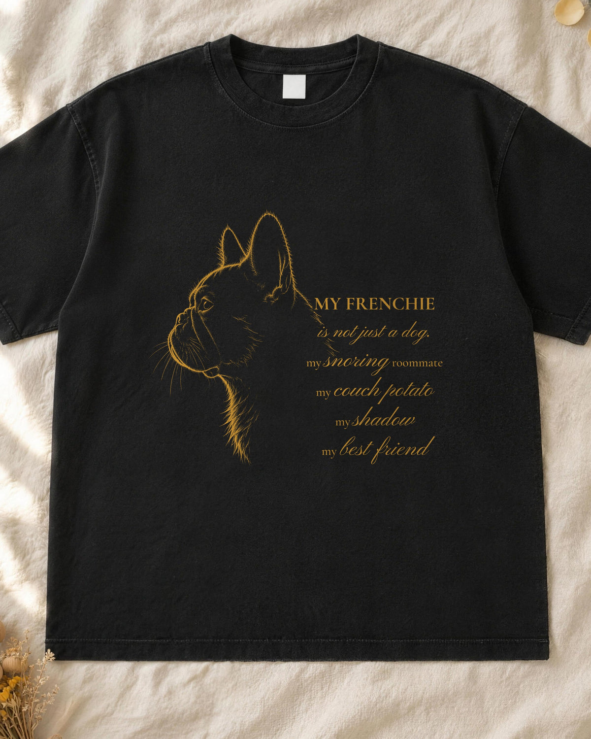 French Bulldog portrait shirt, mustard line-art frenchie profile with handwritten script on a black Comfort Colors tee