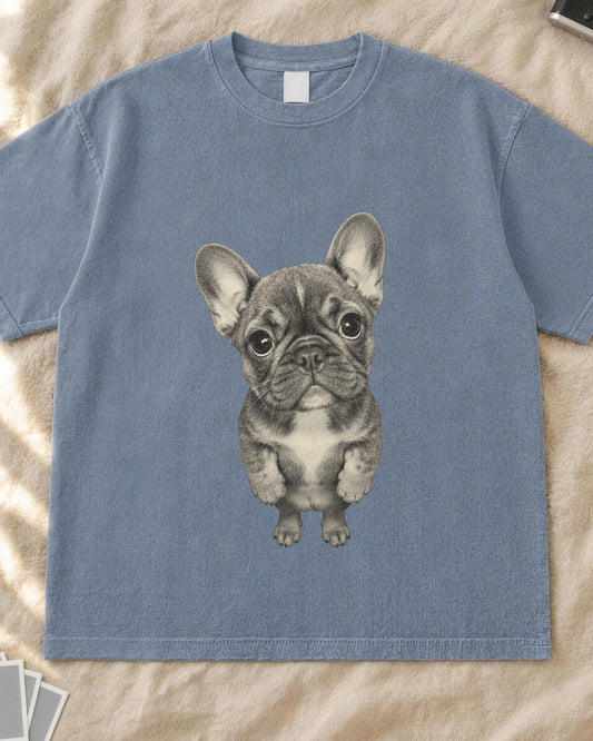 Sad french bulldog meme shirt, grainy vintage photo of a frenchie puppy standing and looking up with sad eyes on a blue jean Comfort Colors tee