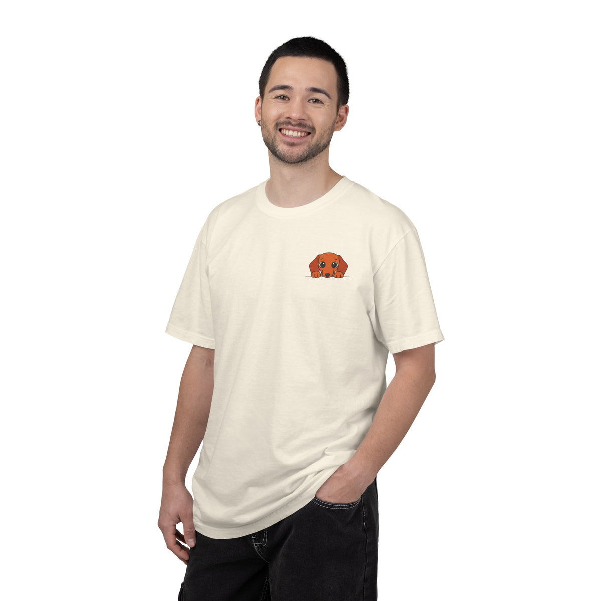 Peeking Dachshund Shirt, Minimal Pocket Doxie Tee