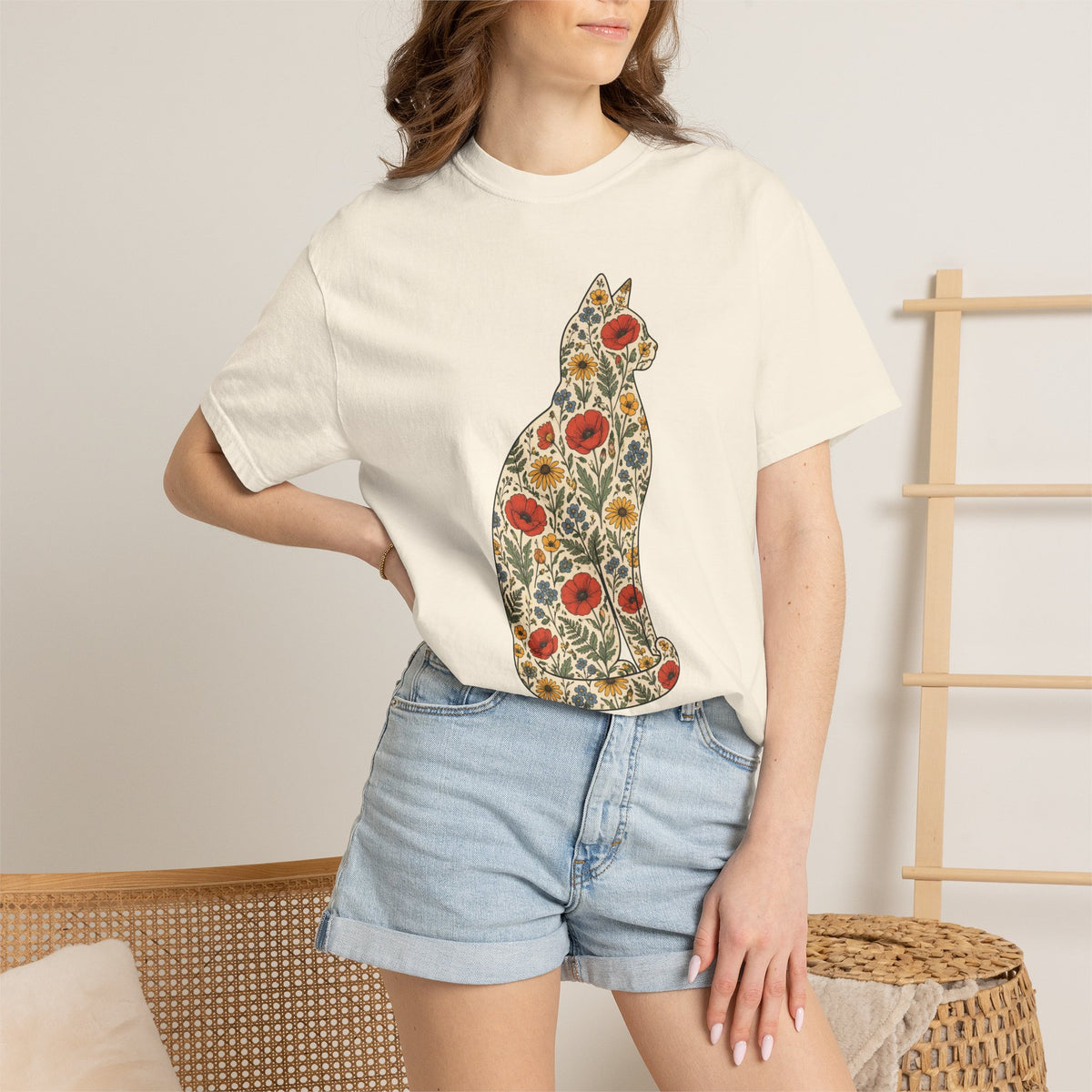 Floral Cat Shirt, Wildflower Cat Silhouette Comfort Colors Tee