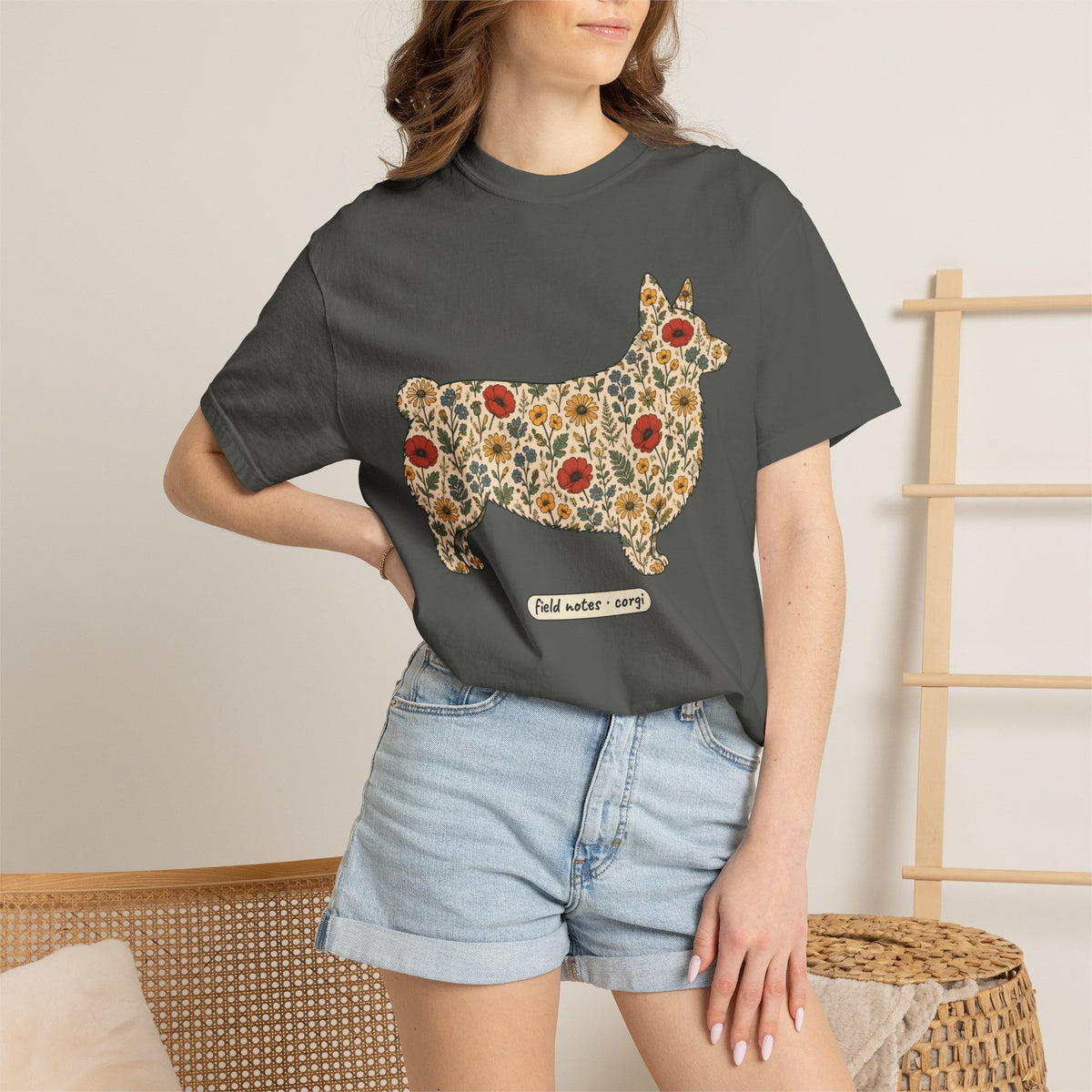 Floral Corgi Shirt, Wildflower Corgi Silhouette Comfort Colors Tee
