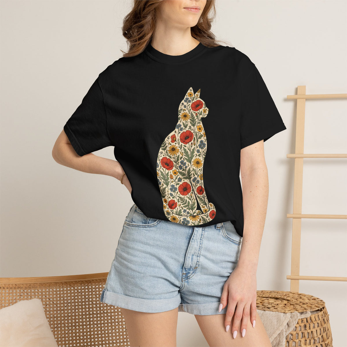 Floral Cat Shirt, Wildflower Cat Silhouette Comfort Colors Tee