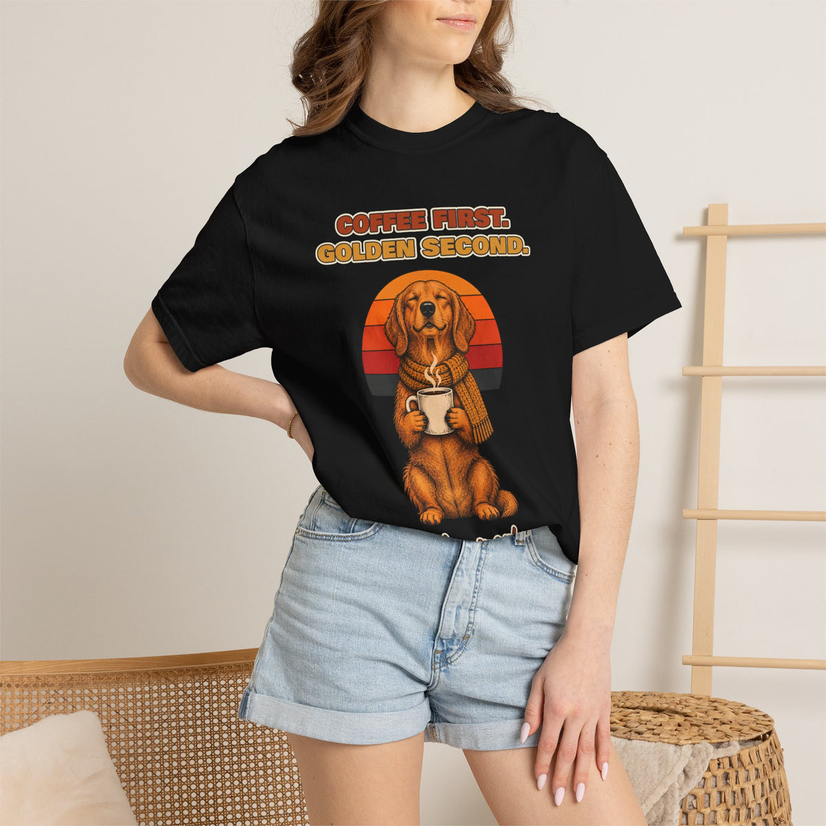 Coffee First Golden Second T-Shirt – Funny Golden Retriever Coffee Tee