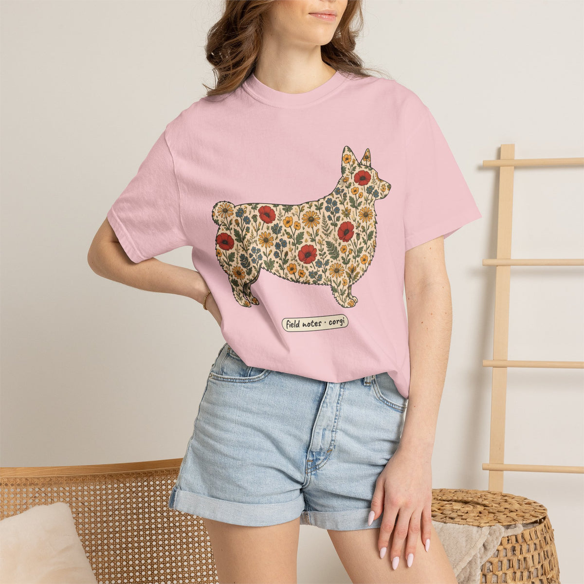 Floral Corgi Shirt, Wildflower Corgi Silhouette Comfort Colors Tee