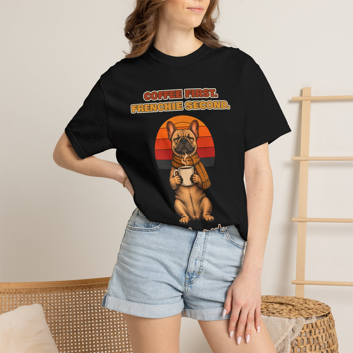 Coffee First Frenchie Second T-Shirt – Funny French Bulldog Coffee Tee