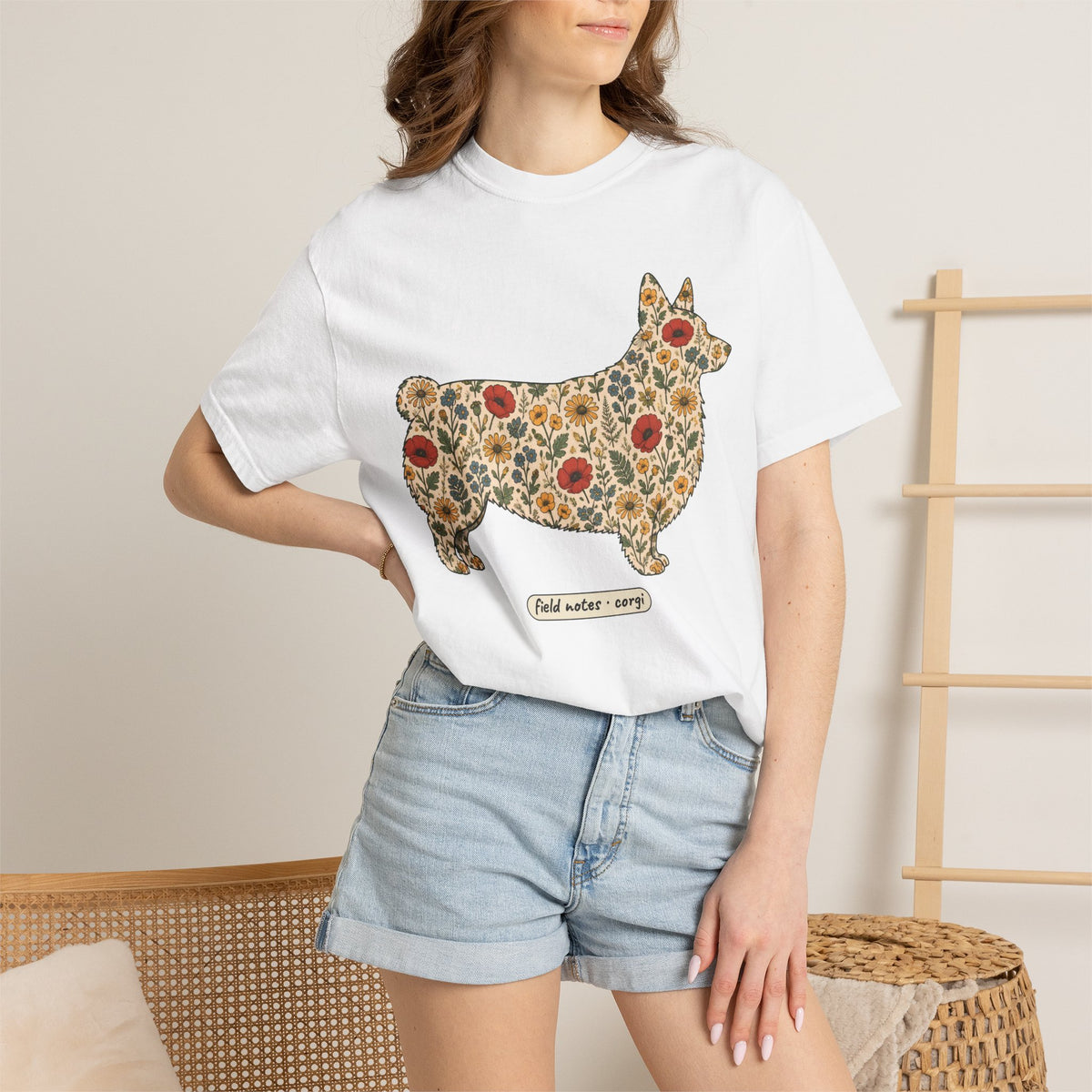 Floral Corgi Shirt, Wildflower Corgi Silhouette Comfort Colors Tee