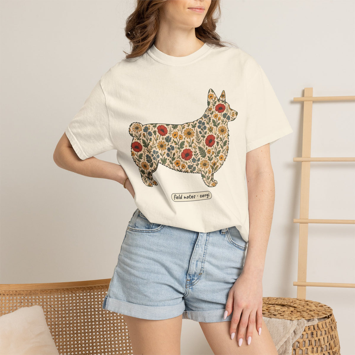 Floral Corgi Shirt, Wildflower Corgi Silhouette Comfort Colors Tee