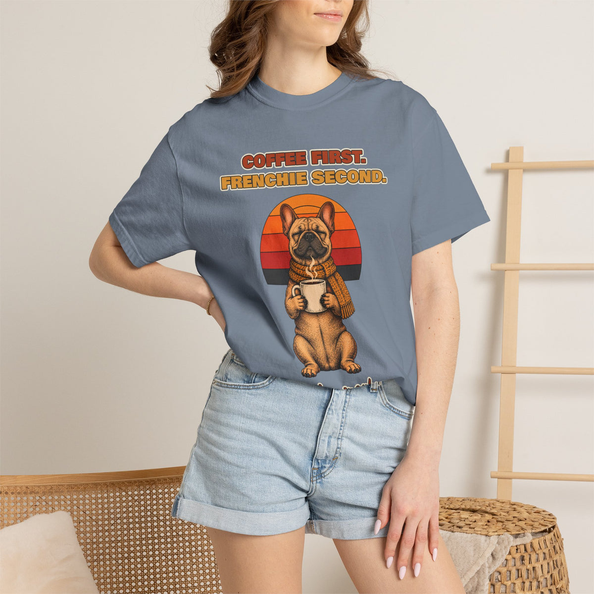 Coffee First Frenchie Second T-Shirt – Funny French Bulldog Coffee Tee