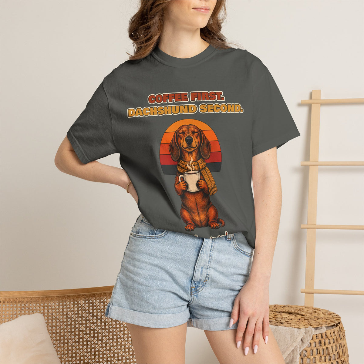 Coffee First Dachshund Second T-Shirt – Funny Dachshund Coffee Tee