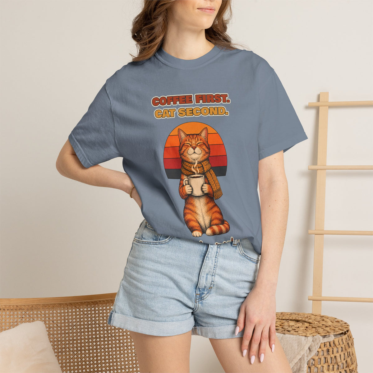 Coffee First Cat Second T-Shirt – Funny Cat Coffee Tee