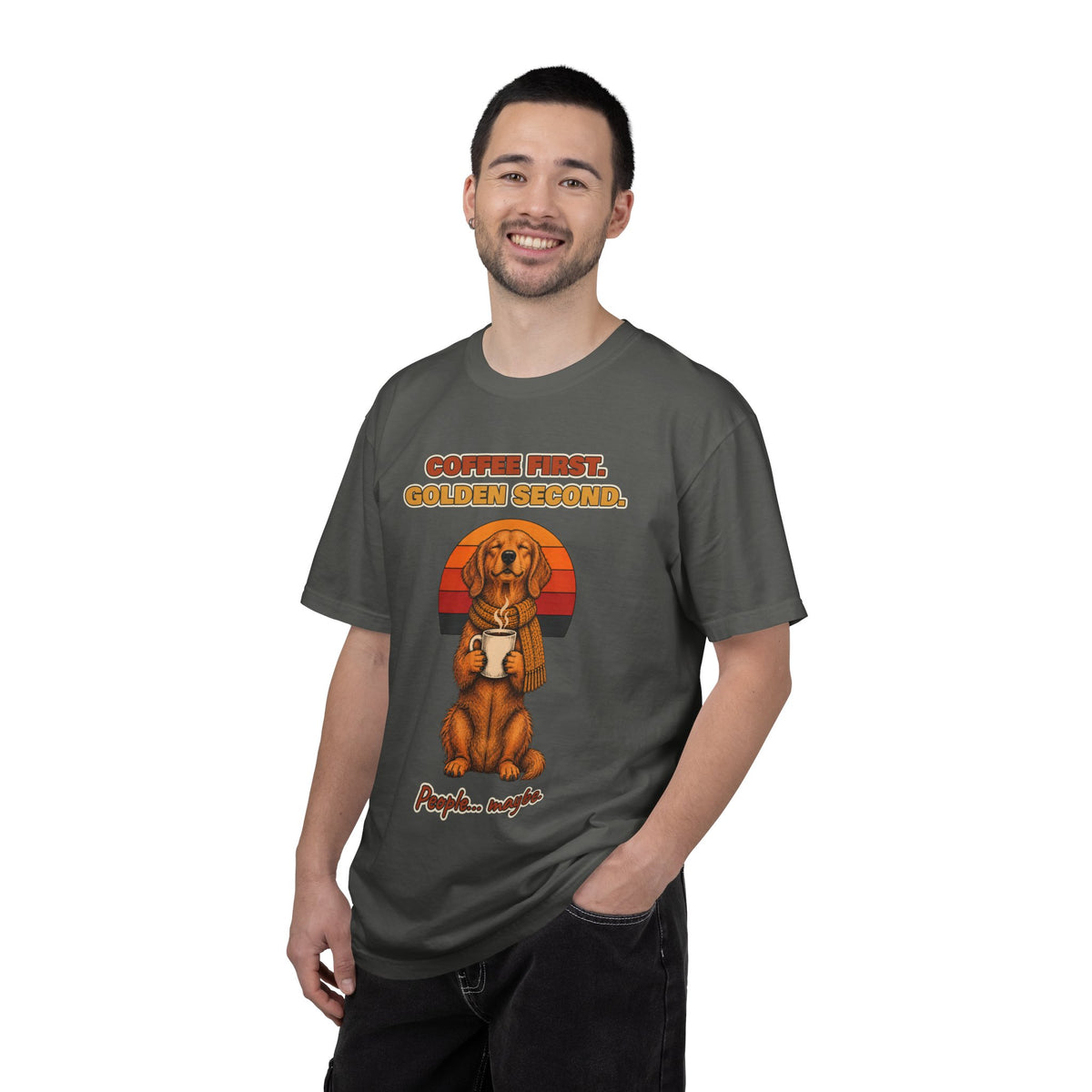 Coffee First Golden Second T-Shirt – Funny Golden Retriever Coffee Tee