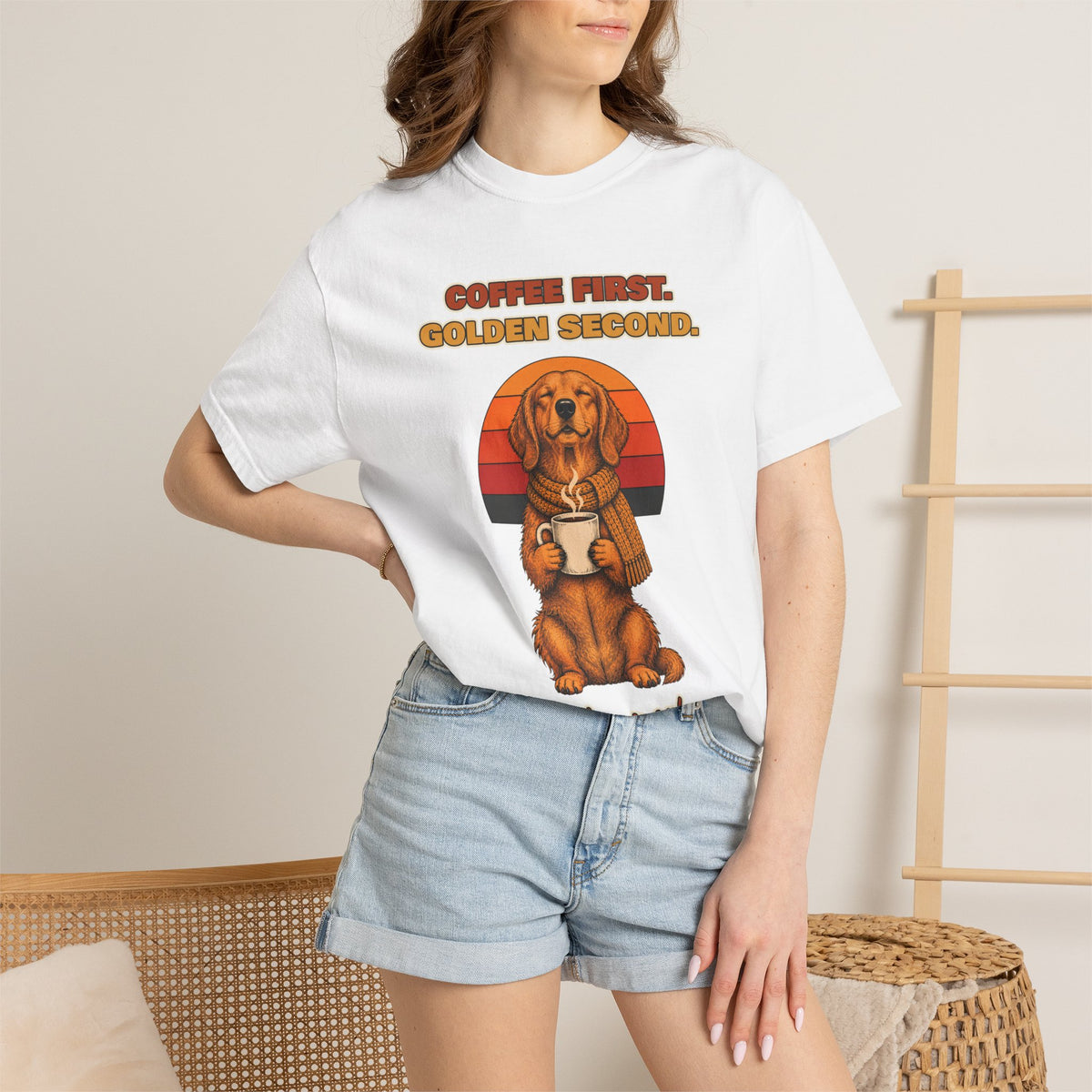 Coffee First Golden Second T-Shirt – Funny Golden Retriever Coffee Tee