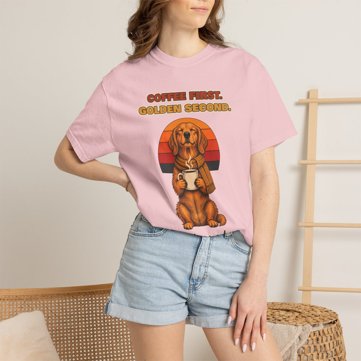 Coffee First Golden Second T-Shirt – Funny Golden Retriever Coffee Tee