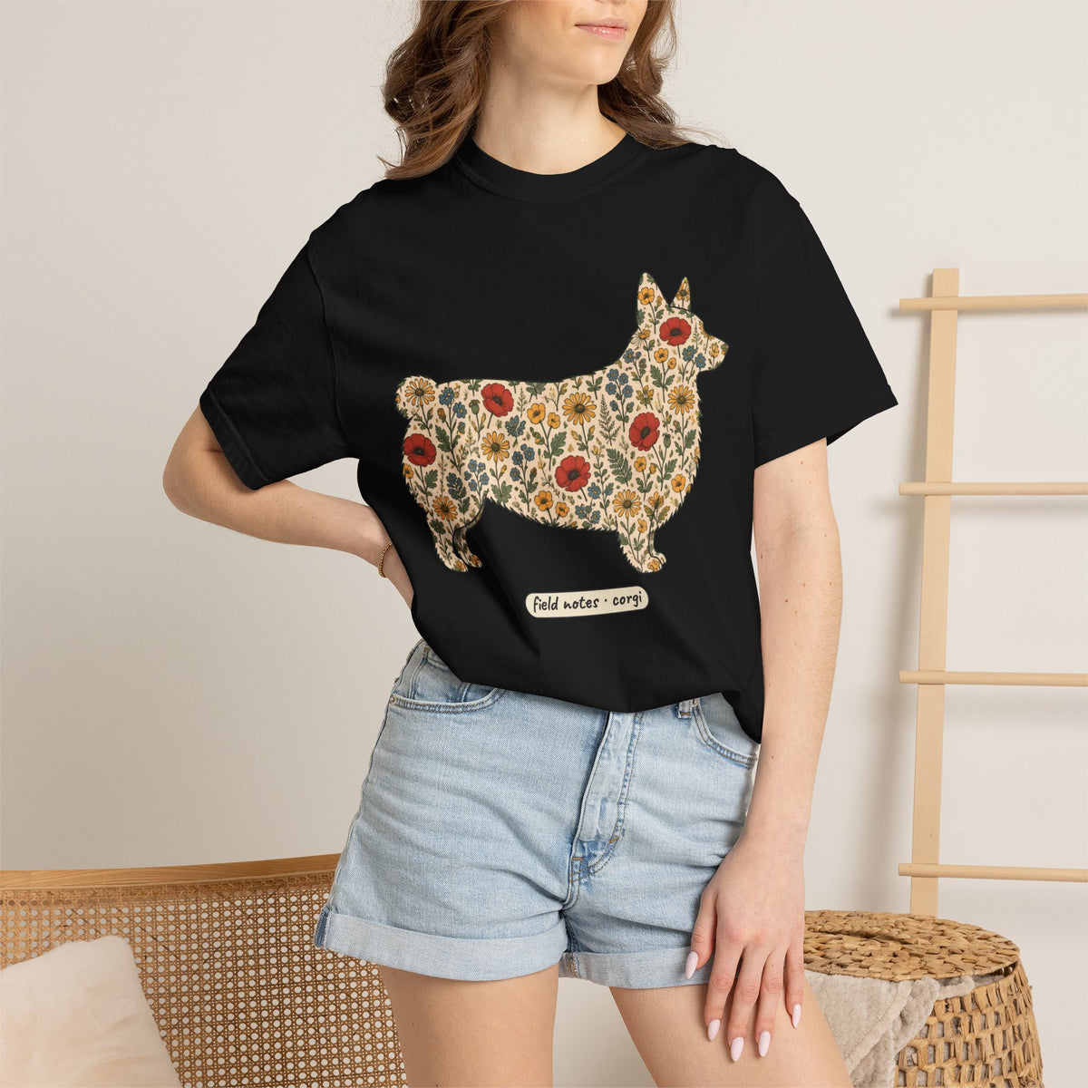 Floral Corgi Shirt, Wildflower Corgi Silhouette Comfort Colors Tee