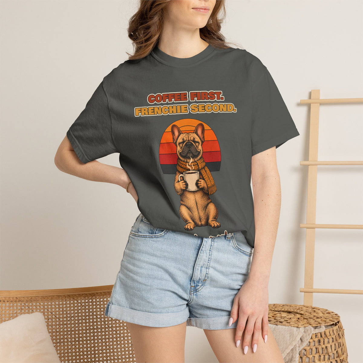 Coffee First Frenchie Second T-Shirt – Funny French Bulldog Coffee Tee