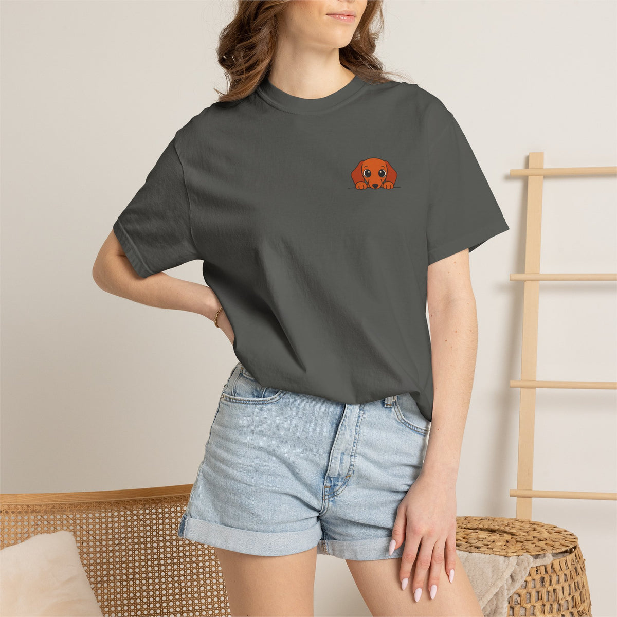 Peeking Dachshund Shirt, Minimal Pocket Doxie Tee