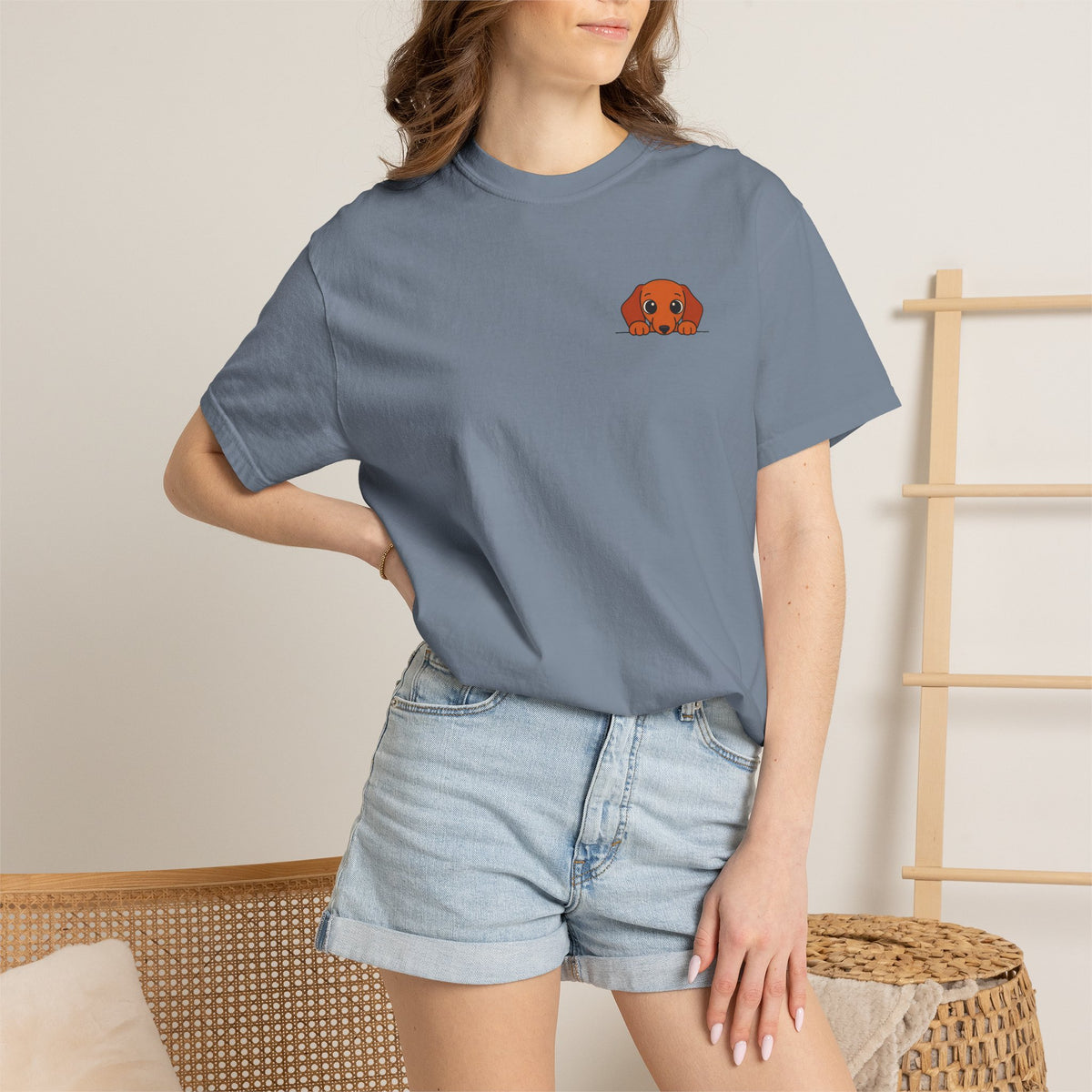 Peeking Dachshund Shirt, Minimal Pocket Doxie Tee