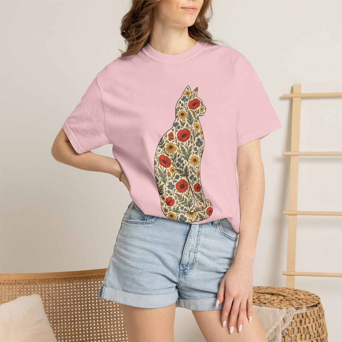 Floral Cat Shirt, Wildflower Cat Silhouette Comfort Colors Tee