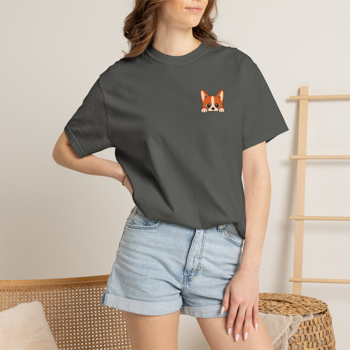 Peeking Corgi Shirt, Minimal Pocket Corgi Tee