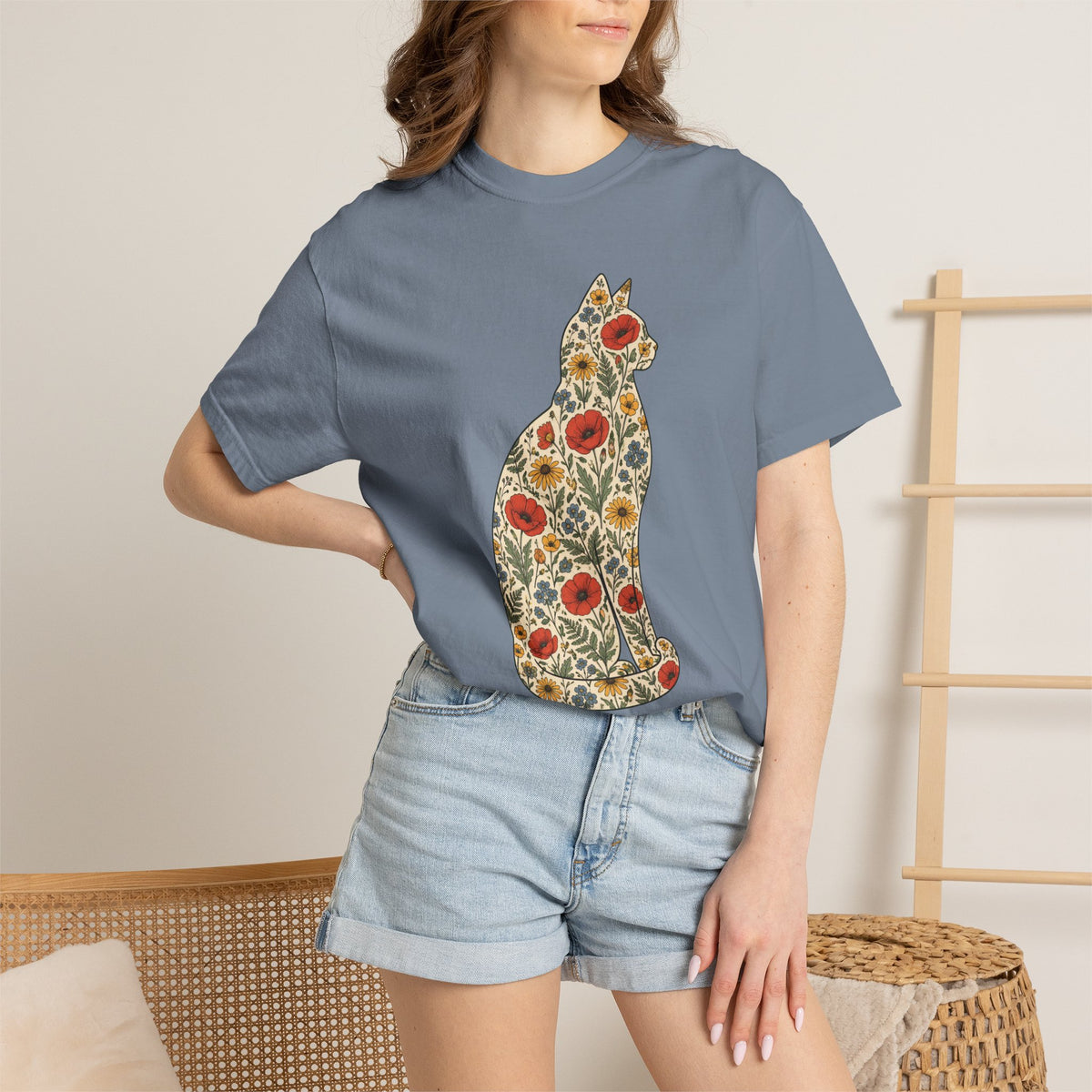 Floral Cat Shirt, Wildflower Cat Silhouette Comfort Colors Tee