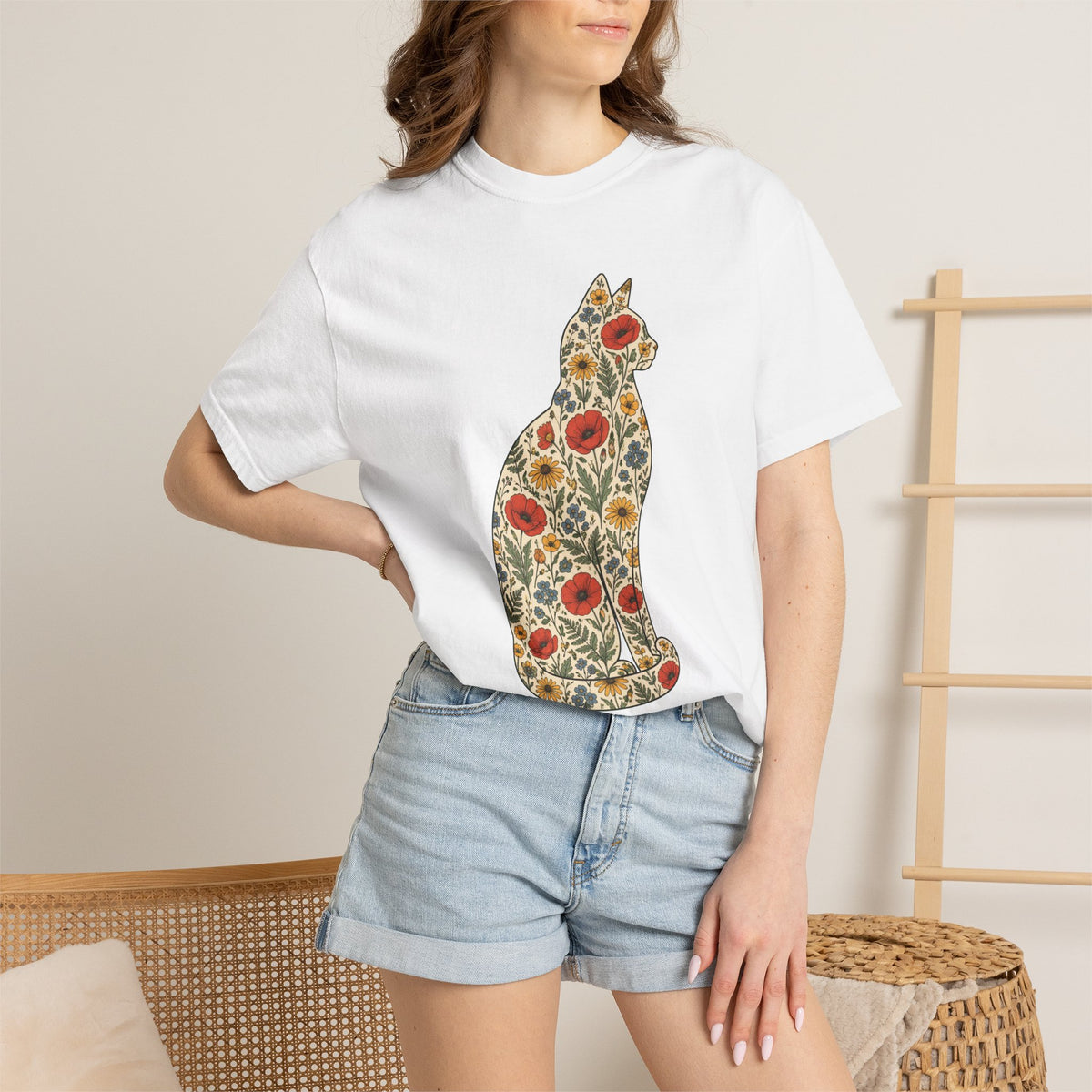 Floral Cat Shirt, Wildflower Cat Silhouette Comfort Colors Tee