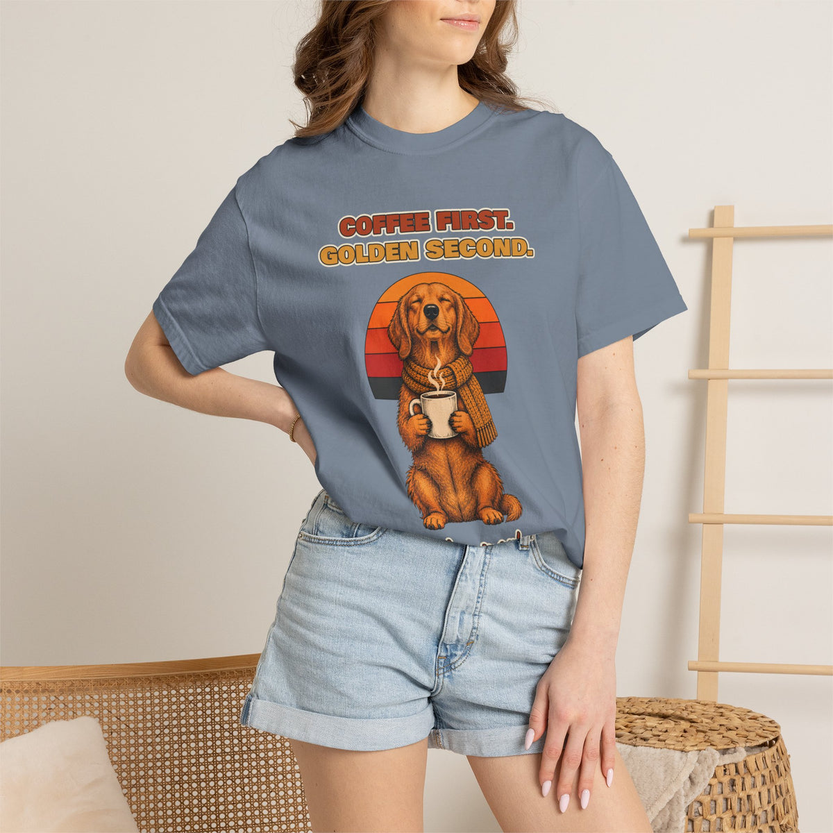 Coffee First Golden Second T-Shirt – Funny Golden Retriever Coffee Tee
