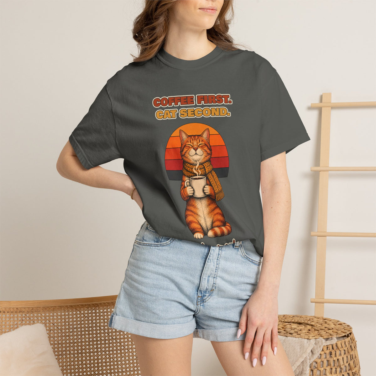 Coffee First Cat Second T-Shirt – Funny Cat Coffee Tee