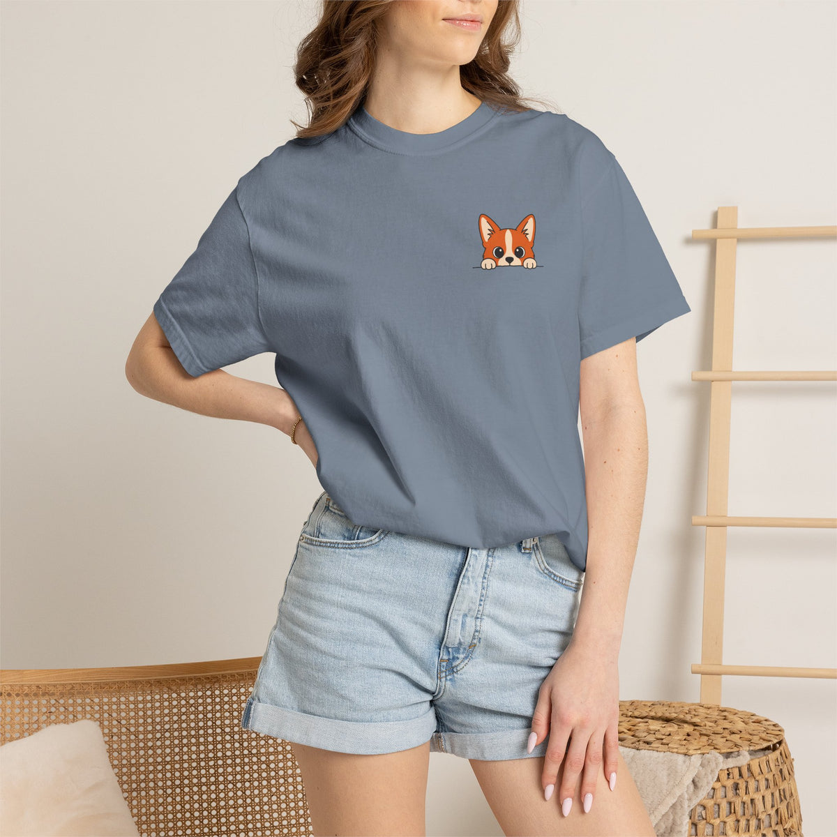 Peeking Corgi Shirt, Minimal Pocket Corgi Tee