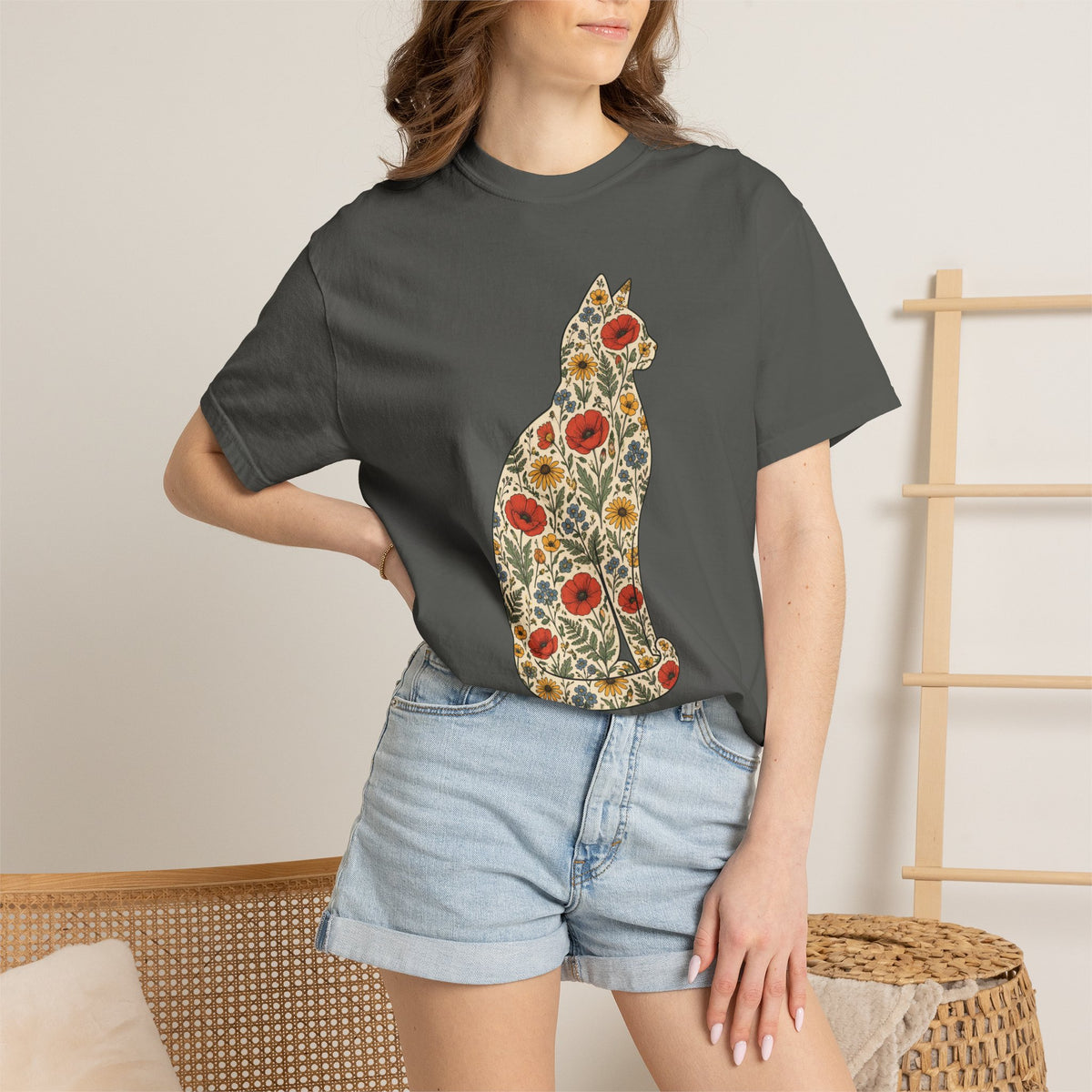 Floral Cat Shirt, Wildflower Cat Silhouette Comfort Colors Tee