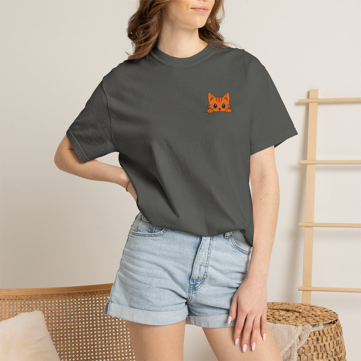 Peeking Cat Shirt, Orange Tabby Pocket Cat Tee
