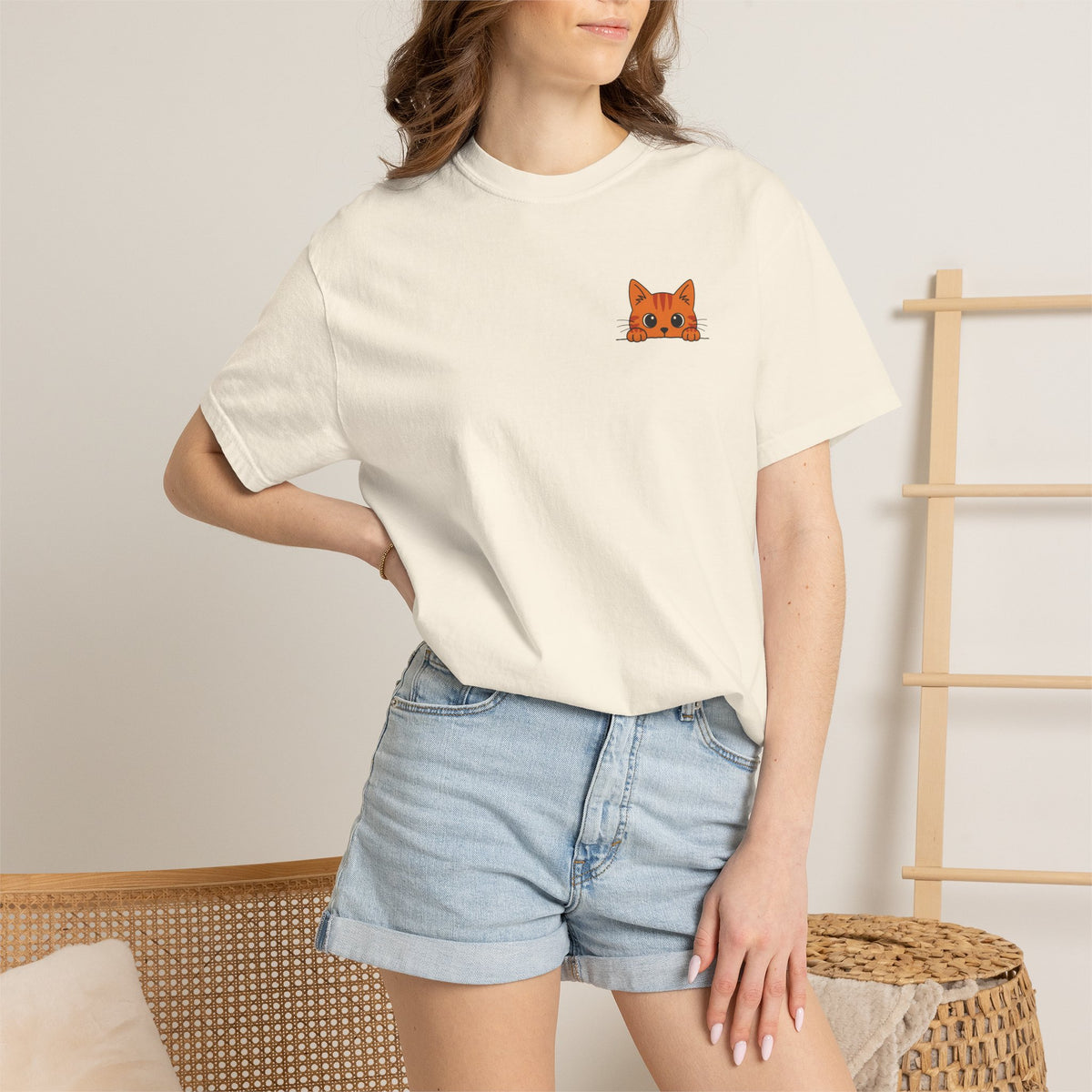 Peeking Cat Shirt, Orange Tabby Pocket Cat Tee
