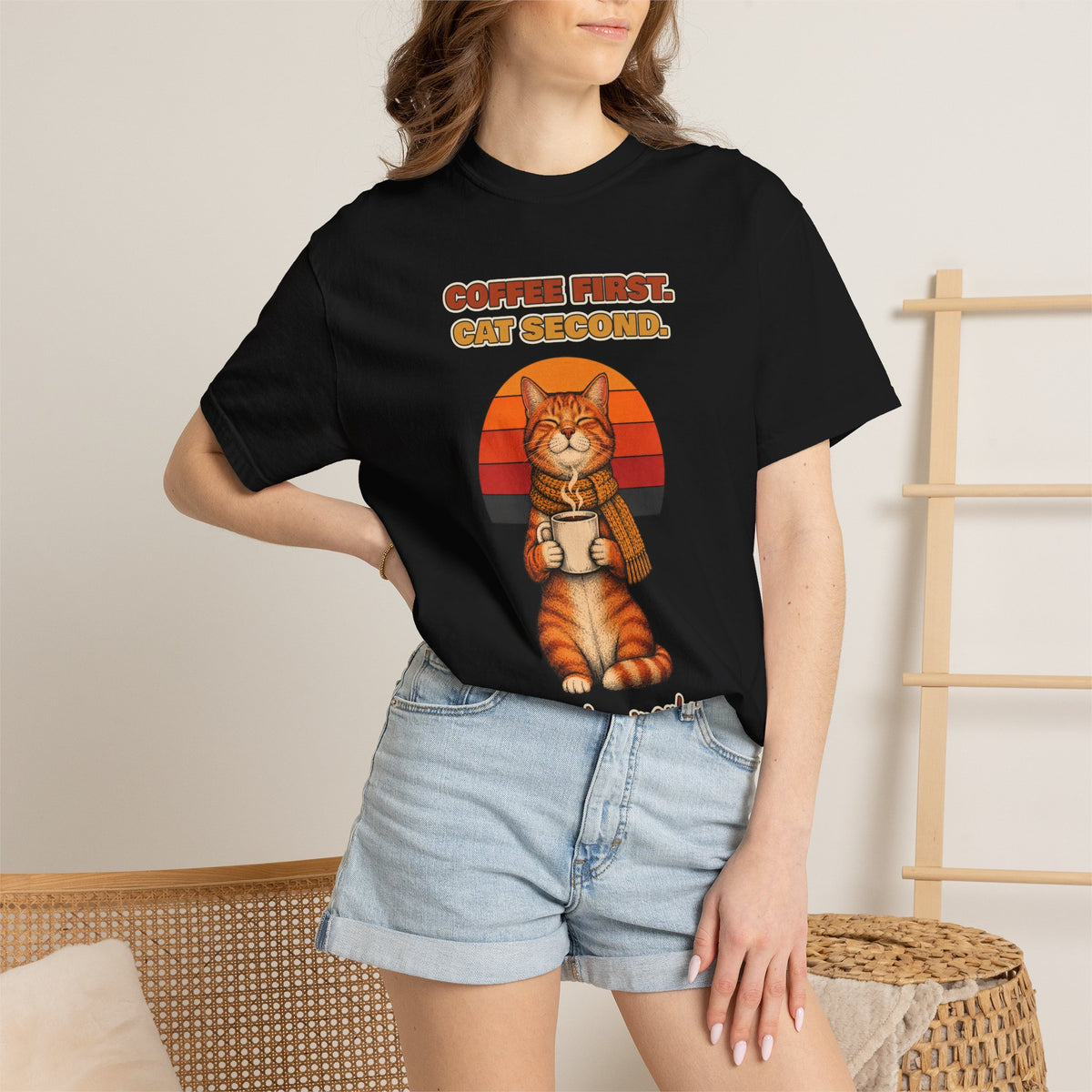Coffee First Cat Second T-Shirt – Funny Cat Coffee Tee