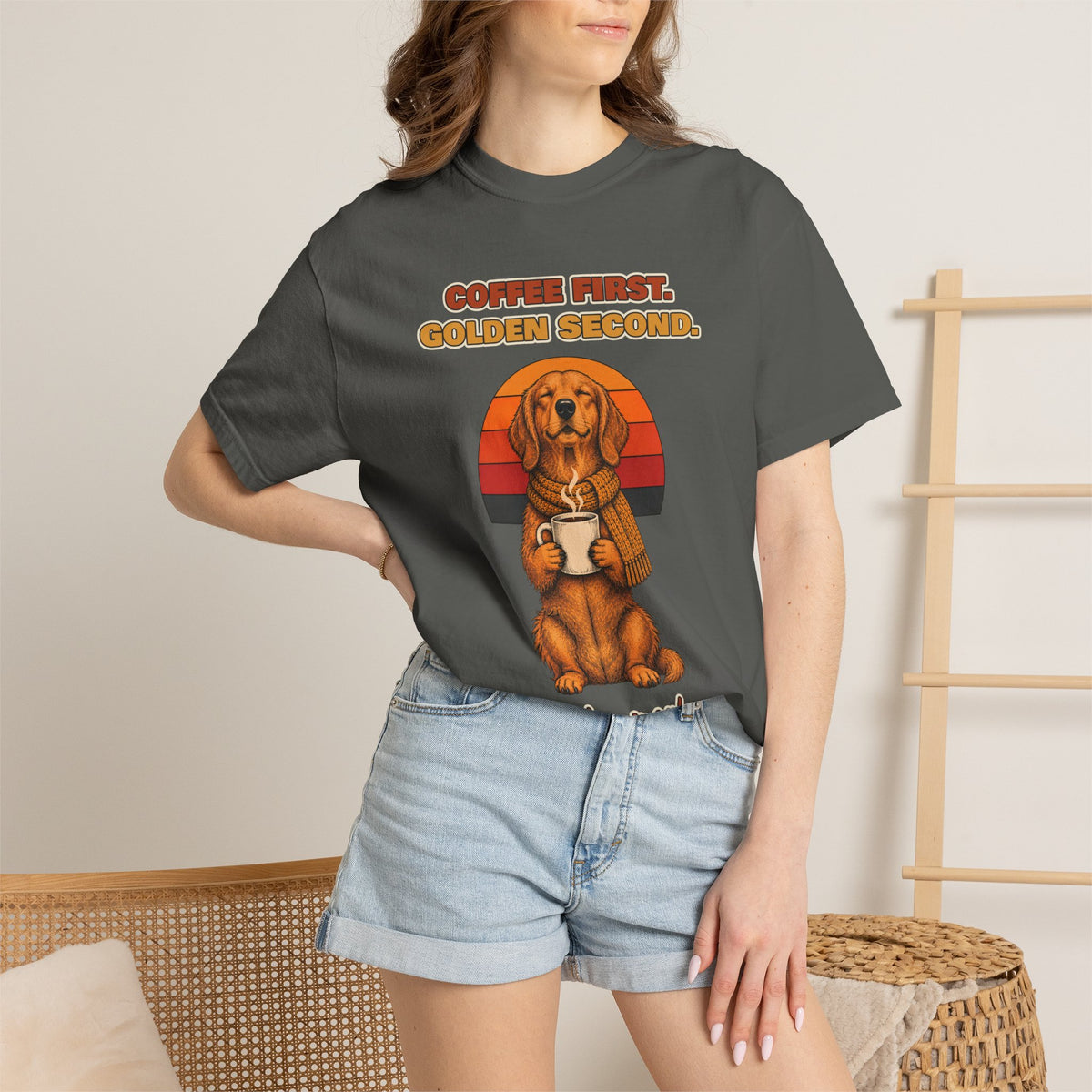 Coffee First Golden Second T-Shirt – Funny Golden Retriever Coffee Tee
